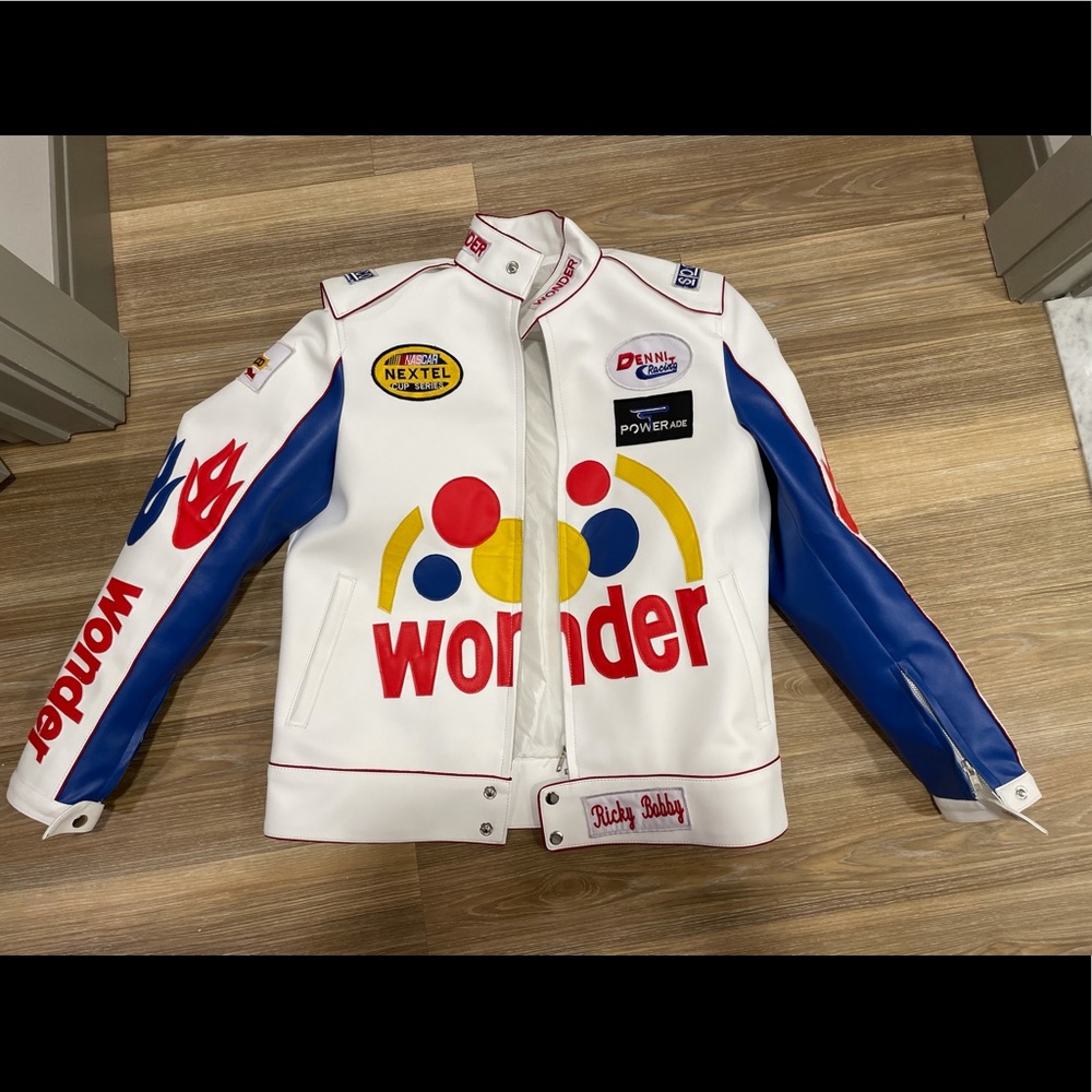 Men Ricky Bobby Wonder Racing White Faux Leather Motorcycle Jacket.